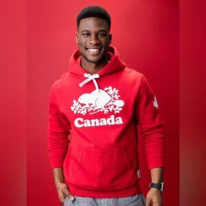 Roots Canada Red White Pullover Hoodie Sweatshirt Loungewear Size Medium Unisex